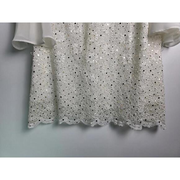 Cold Shoulder White Lace Top With Sequins Chiffon Sleeves Scalloped Hemline Sz M - Picture 3 of 8